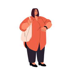 Wall Mural - Plus size woman watching on wristwatch. Chubby business girl, busy fat person, chunky character with overweight. Time management. Body positive, acceptance. Flat isolated vector illustration on white