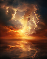 Wall Mural - dramatic sky with Cumulonimbus clouds and ray of light from the sun in sunset, hyper realistic, dramatic light and shadows,