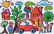Rainbow Estates And Roadsters Children's Artistic Odyssey In Illustrating The Perfect Harmony Of Houses And Cars With Vibrant Crayon Strokes