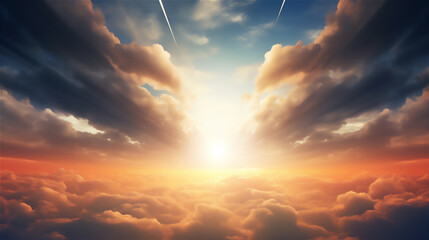dramatic sky with cumulonimbus clouds and ray of light from the sun in sunset, hyper realistic, dram