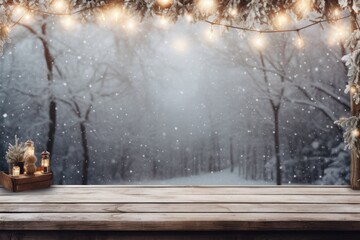 Poster - Winter background. Snowy empty table with Christmas lights