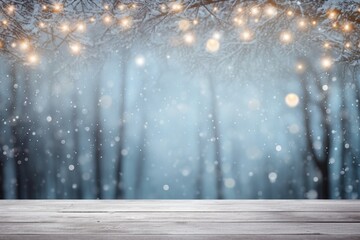 Poster - Winter background. Snowy empty table with Christmas lights