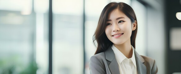 Poster - Happy confident Japanese business woman leader looking away standing in office. Smiling professional Japan manager executive, East Asian female worker thinking of financial success. generative AI