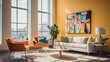 In a brightly lit room, the vibrant colors and intricate details of a newly renovated interior, showcasing the clean lines and modern furniture,