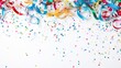 © Наталя Ласько - Bright cheerful New Year's white background with ribbons of multi-colored serpentine ribbons and confetti.