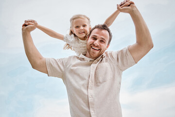 Portrait, child and father playing as a plane outdoor in summer, blue sky and happiness together. Bonding, dad and kid flying on shoulders with freedom on vacation, holiday or weekend with a smile