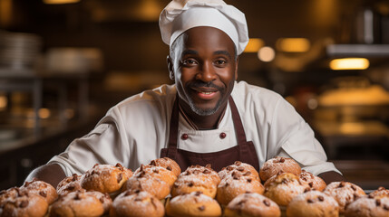 Wall Mural - african american male pastry chef holding chocolate muffins in bakery