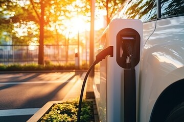 Wall Mural - Electric vehicle charging station. Electrical outlet in a natural urban environment.