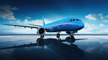 Poster - Blue airplane, Airplane parked at the airport against the backdrop of a blue scenic skyline with clouds, World aviation concept