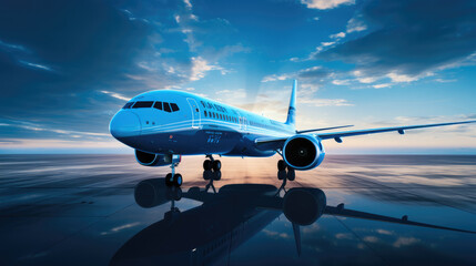Poster - Blue airplane, Airplane parked at the airport against the backdrop of a blue scenic skyline with clouds, World aviation concept