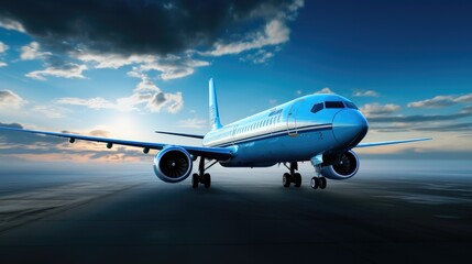 Poster - Blue airplane, Airplane parked at the airport against the backdrop of a blue scenic skyline with clouds, World aviation concept
