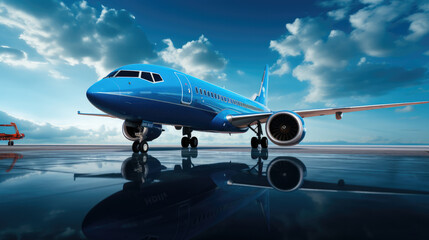 Poster - Blue airplane, Airplane parked at the airport against the backdrop of a blue scenic skyline with clouds, World aviation concept
