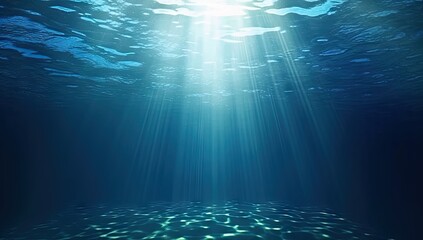 Wall Mural - Submerged serenity. Tranquil underwater scene with sun rays and clear blue ocean. Sunlit depths. Abstract background with bright sunbeams and clear sea