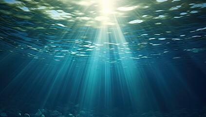 Wall Mural - Submerged serenity. Tranquil underwater scene with sun rays and clear blue ocean. Sunlit depths. Abstract background with bright sunbeams and clear sea