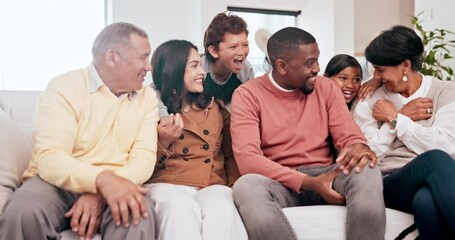 Poster - Happy, conversation and big family on a sofa at their home for bonding together on a weekend. Smile, love and young children talking with grandparents and parents on couch in lounge at modern house.