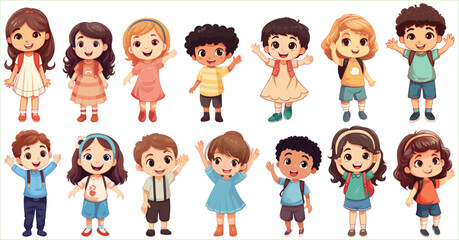 Set of Happy multiethnic preschool girls and boy standing in different expressions, Cute kids cartoon with different expressions, Set of funny and cute little boy and girl with different expressions