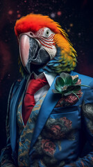 Wall Mural - Parrot dressed in an elegant colorful suit, confident and classy. Fashion portrait of an anthropomorphic animal, bird, posing with a charismatic human attitude