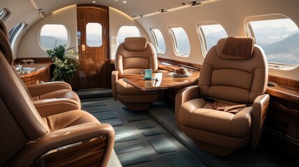 Poster - Luxurious private jet featuring plush leather seats, Opulent lifestyle.
