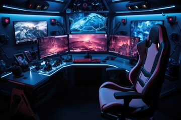 Leinwandbilder - A gamer desk facing the camera with LED lights