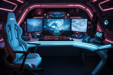 Leinwandbilder - A gamer desk facing the camera with LED lights