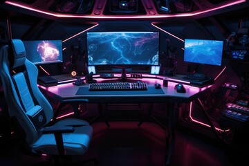 Leinwandbilder - A gamer desk facing the camera with LED lights