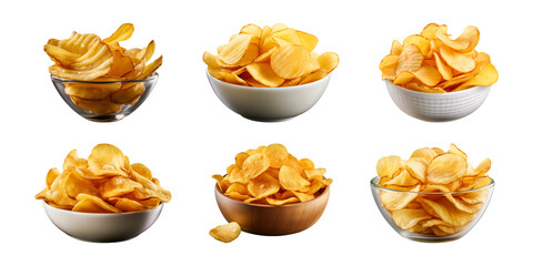 Collection set of potato chips in a bowl isolated on a transparent background