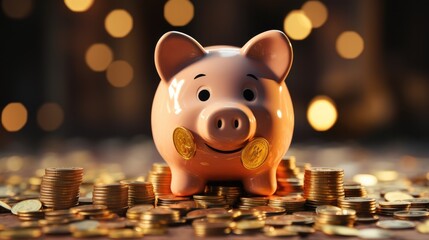 Aufkleber - Piggy bank on a golden coin pile.