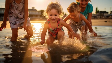 Warm summer evening at the beach, a family with children playing in the beach with the golden hour light casting a warm glow on their faces,