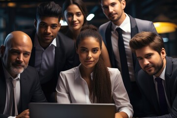 Poster - A corporate environment with a multiracial team, They are leaning over a computer.