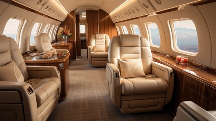 Poster - A luxurious cabin interior of an airplane, Showcasing comfort and elegance.