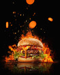 Fire embers particles over black background. Tasty burger on grill Background - Empty Fired Barbecue On Black . Abstract dark glitter fire particles lights.