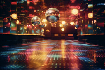 Poster - Illustration of a retro-style disco ballroom with colorful lights, embodying the disco fever of the 1970s.