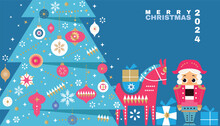 Merry Christmas And Happy New Year 2024 Holiday Template Design Banner, Christmas Tree, Nutcracker, Santa Claus, Gifts, Ball Toy, Snowflake Modern Xmas Flat Cartoon Cute Vector Illustration