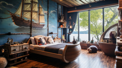 Wall Mural -  Pirate ship-themed boys bedroom with a treasure map  
