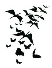 Black Silhouettes Of Butterflies And Birds In The Migration Season For A Zoo Or Nature Reserve. Flock Of Swans With Open Wings Flying Away In A Wedge. Illustration For The World Day Of Migratory Birds