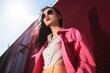 Young beautiful asian woman in pink casual jacket and sunglasses posing on the street. Stylish busy successful businesswoman walking on big city. Fashion beauty concept 