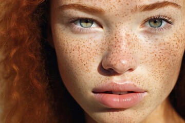 Beautiful green eyed woman with freckles. Sensitive redhead girl model with natural makeup. Healthy natural skin, skin care. Beauty and skincare cosmetics treatment concept