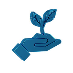 Poster - Blue Plant in hand of environmental protection icon isolated on transparent background. Seed and seedling. Planting sapling.