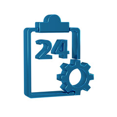 Poster - Blue Checklist clipboard with 24 hours service icon isolated on transparent background.