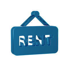 Poster - Blue Hanging sign with text Rent icon isolated on transparent background. Signboard with text For Rent.