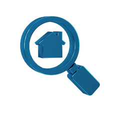 Sticker - Blue Search house icon isolated on transparent background. Real estate symbol of a house under magnifying glass.