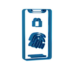 Poster - Blue Smartphone with fingerprint scanner icon isolated on transparent background. Concept of security, personal access via finger on mobile.