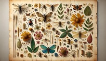 Antique Collection Display Of Various Insects And Botanical Illustrations On Aged Paper