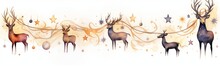 Beautiful Herd Of Deer, Reindeer In Snow, Festive Garland Of Golden And Silver Stars And Balls, Light Aerial Magic Dream Volutes, Winter Fairy Tale Illustration Page Divider Or Border, Watercolor Art