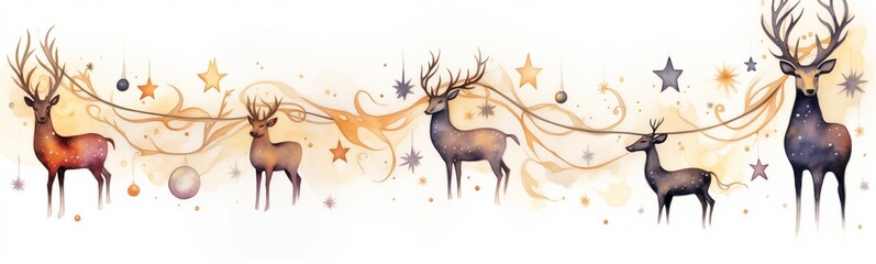 Beautiful herd of deer, reindeer in snow, festive garland of golden and silver stars and balls, light aerial magic dream volutes, winter fairy tale illustration page divider or border, watercolor art