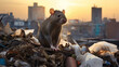 Rat sitting on top of garbage pile in a city