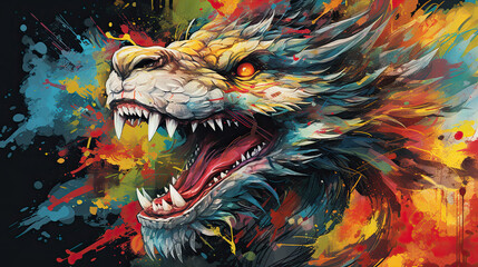Wall Mural - Colorful Asian dragon, aerosol paint technique