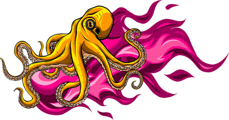 Wall Mural - vector illustration of octopus with wave on white background