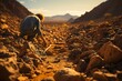 Miner's rough, calloused hands clutching a shovel while standing in a desert landscape rich in gold deposits, Generative AI