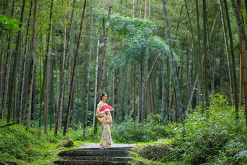 Wall Mural - Woman wear kimono in the bamboo forest